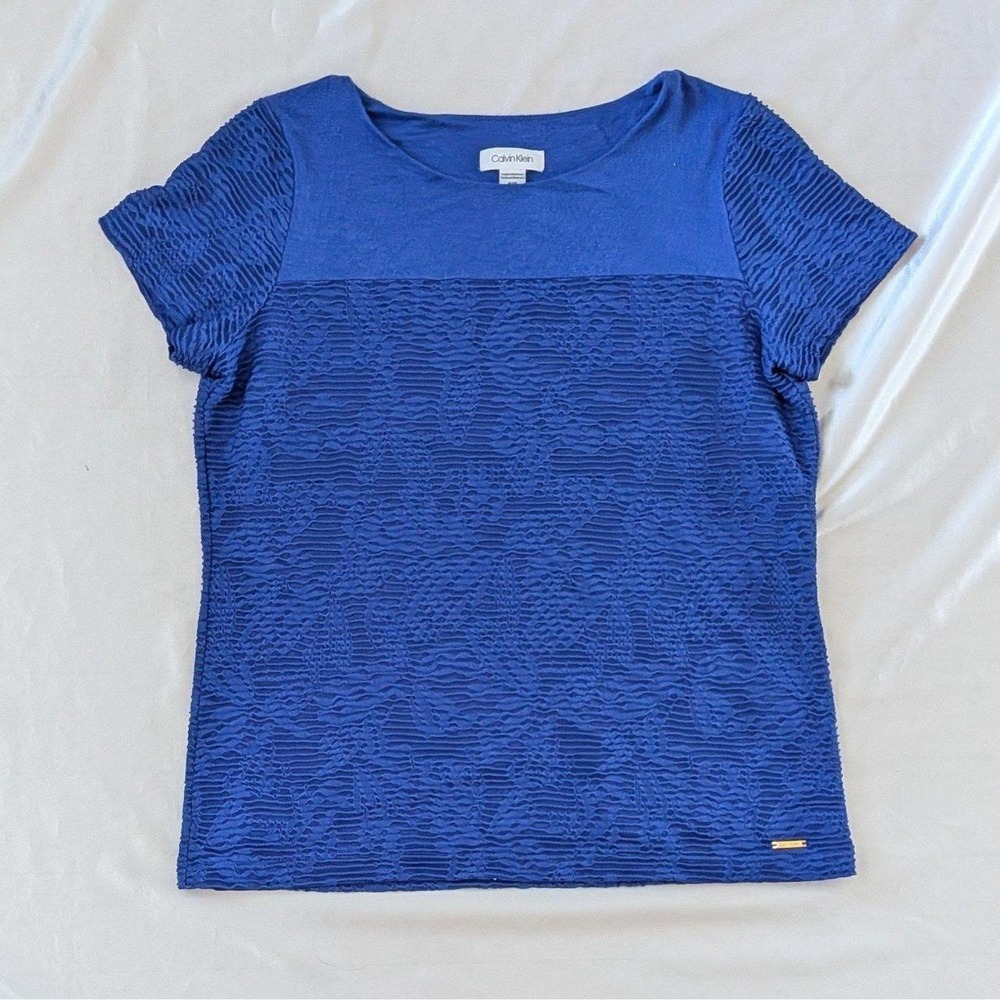 Calvin Klein Women's Royal‎ Blue Textured Mixed Media Layered Top Tshirt Medium